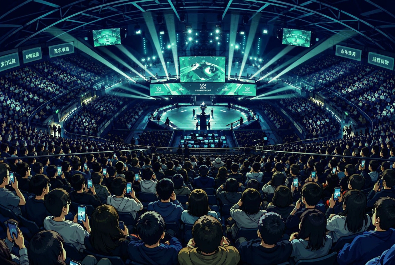 Packed arena under mint stage lighting